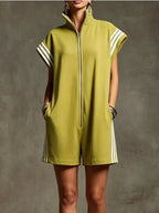 Striped Zip Front Short Sleeve Romper - Qu!rk Boutique