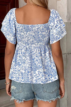 Floral Print Square Neck Ruffled Sleeve Shirred Babydoll Blouse - Qu!rk Boutique