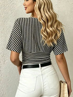 Striped Surplice Short Sleeve Top - Qu!rk Boutique