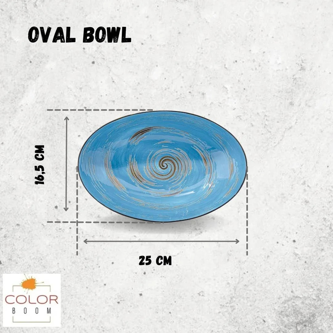 Blue artist-designed oval bowl, 25x16.5cm, with spiral pattern, Qu!rk Boutique giftware