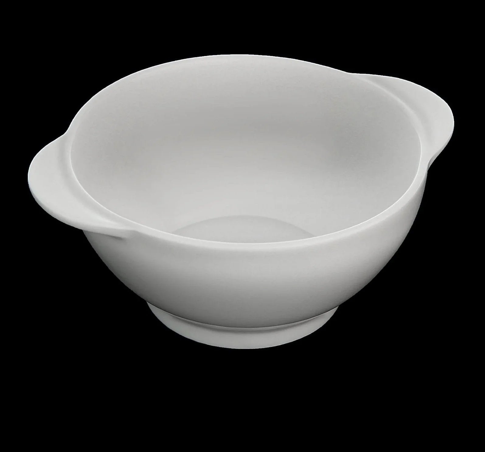 White ceramic mixing bowl with dual handles on black background