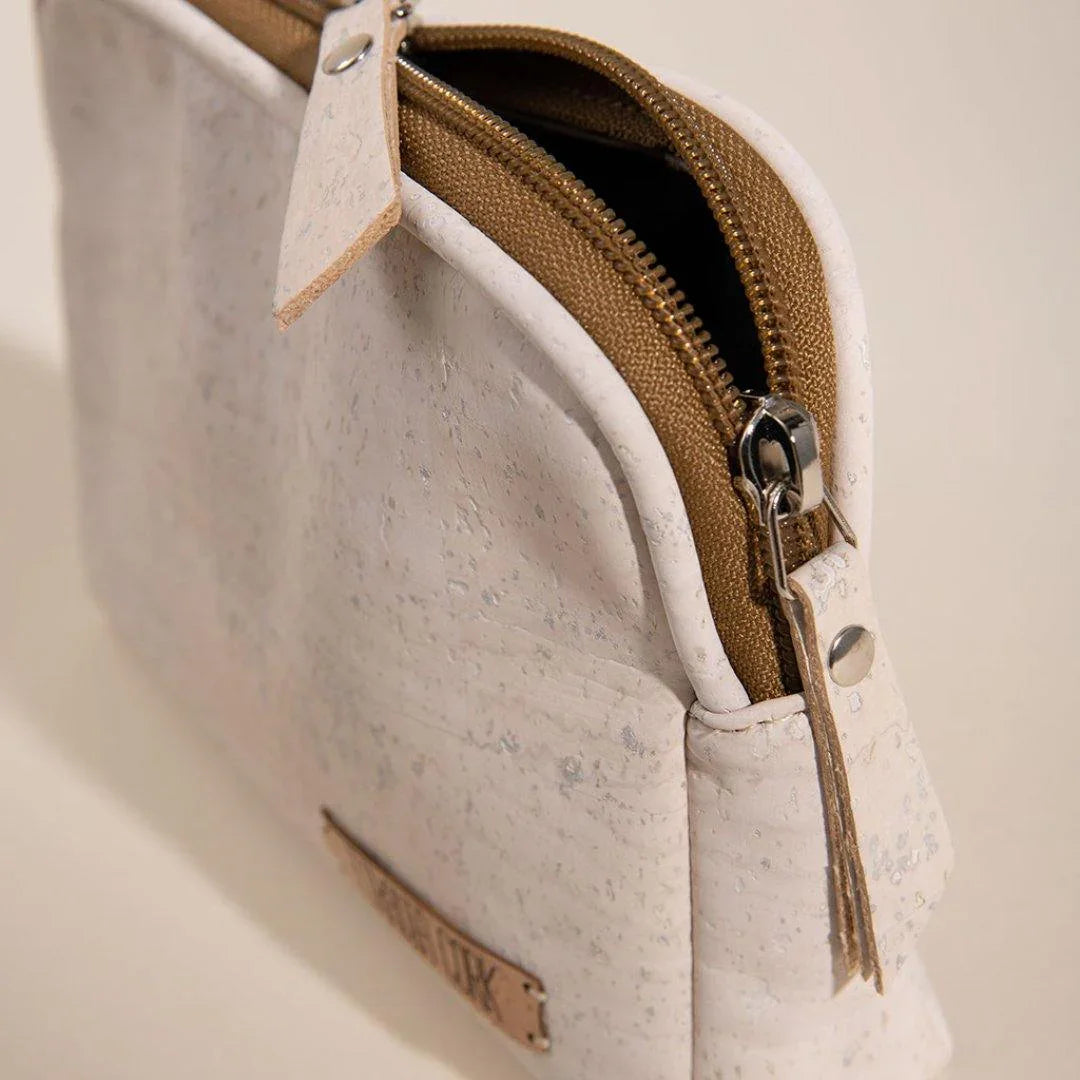 Eco-friendly white cork zip pouch from Qu!rk Boutique, minimalist sustainable accessory.