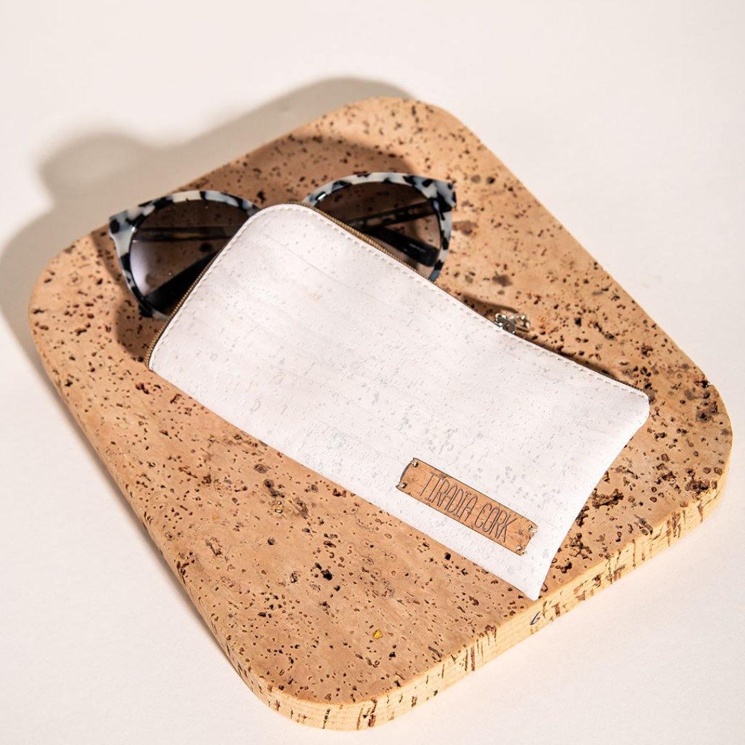 White cork sunglasses pouch and tortoiseshell sunglasses on cork tray, Qu!rk Boutique gift