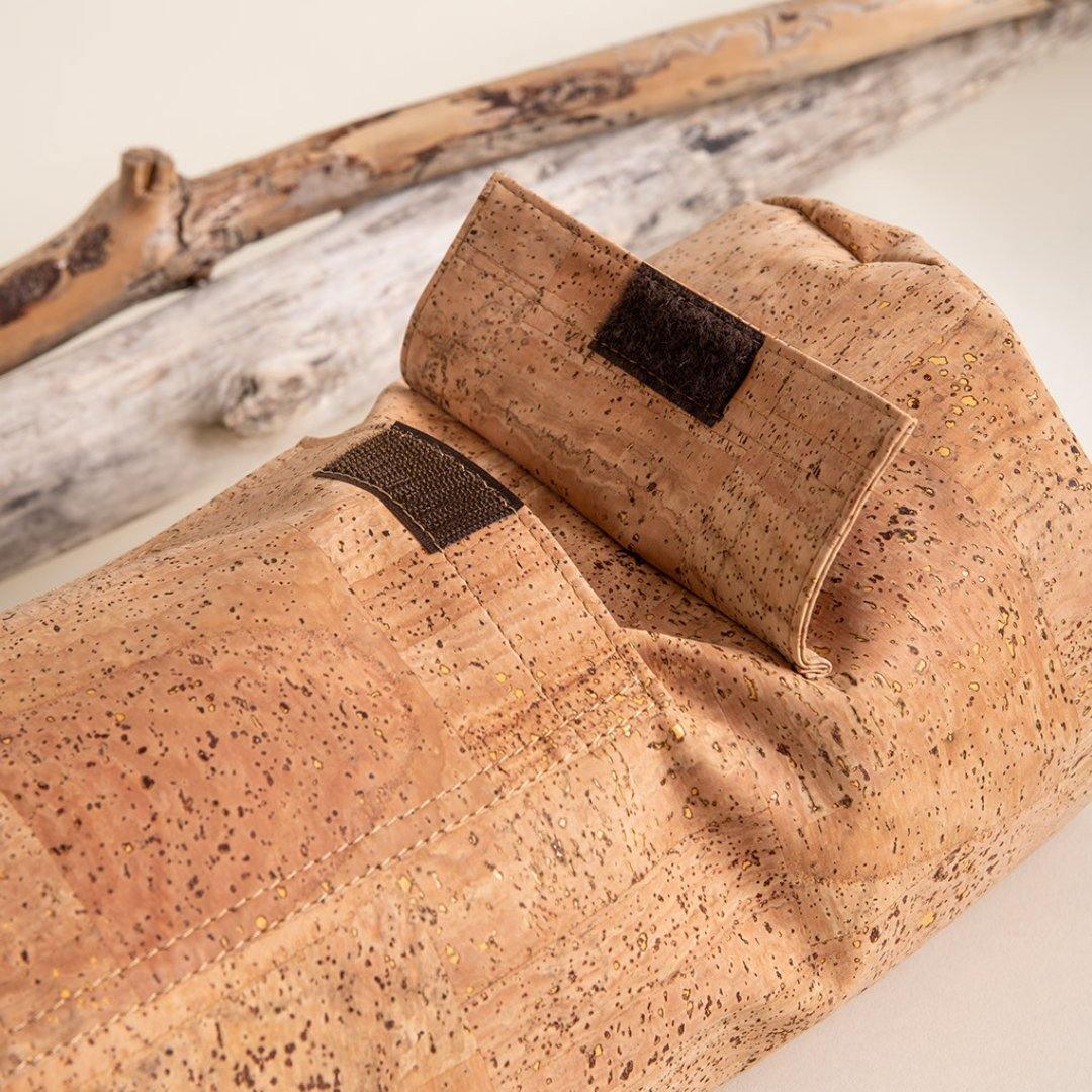 Sustainable cork yoga bolster with velcro closure, handmade and eco-friendly, at Qu!rk Boutique.