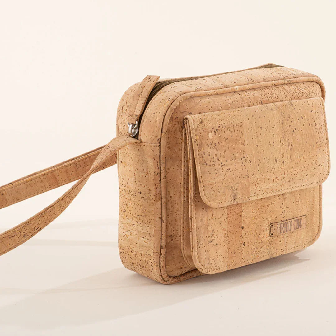 Sustainable cork wristlet crossbody bag with front pocket at Qu!rk Boutique
