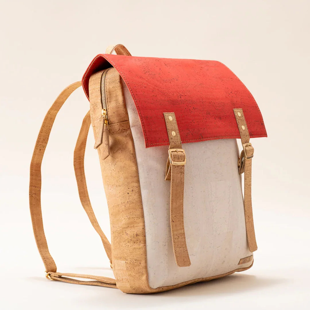 Sustainable cork backpack with tan body, white front panel, and red flap from Qu!rk Boutique