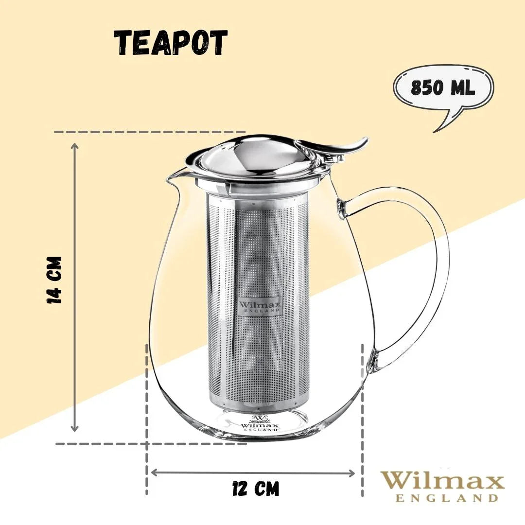 Wilmax England teapot with stainless steel infuser, 850ml, 14cm tall, 12cm wide, clear glass.