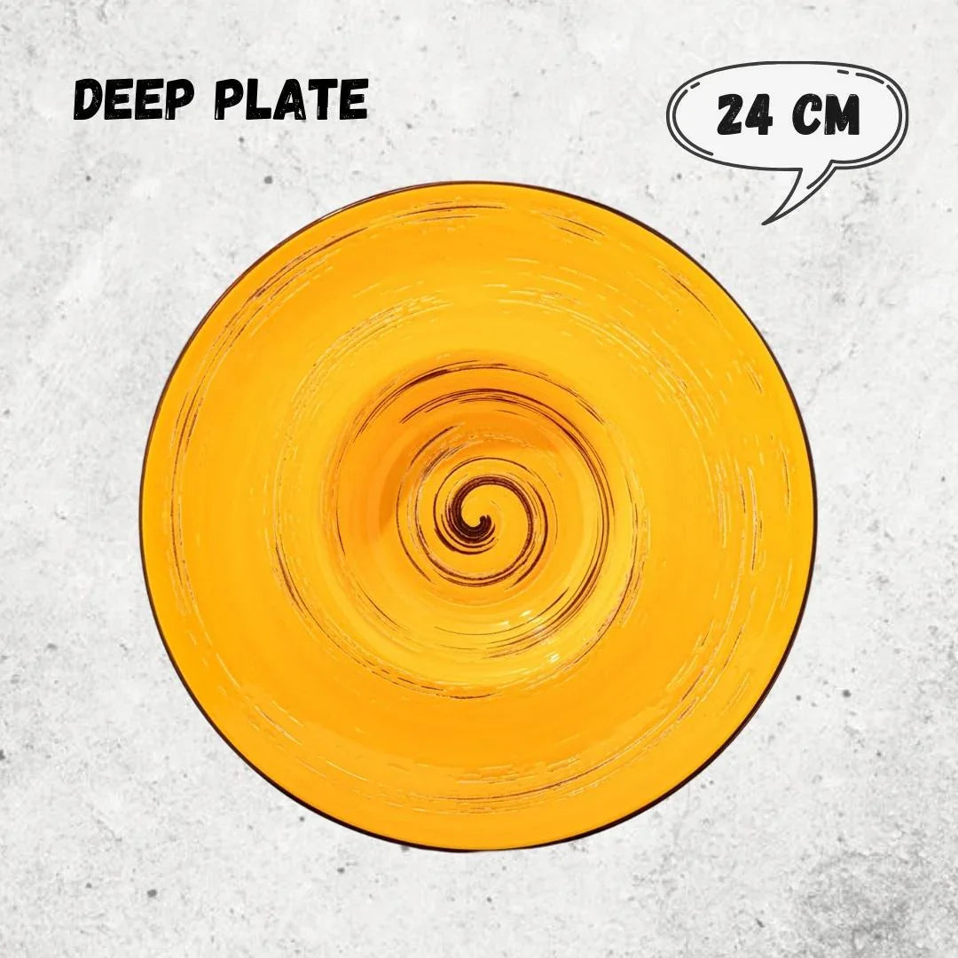 Yellow swirl deep plate, 24 cm, artist-designed tableware at Qu!rk Boutique