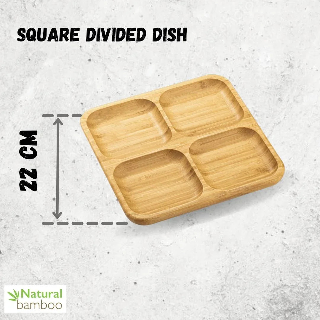 Square divided bamboo dish with four sections, 22 cm, eco-friendly gift at Qu!rk Boutique.