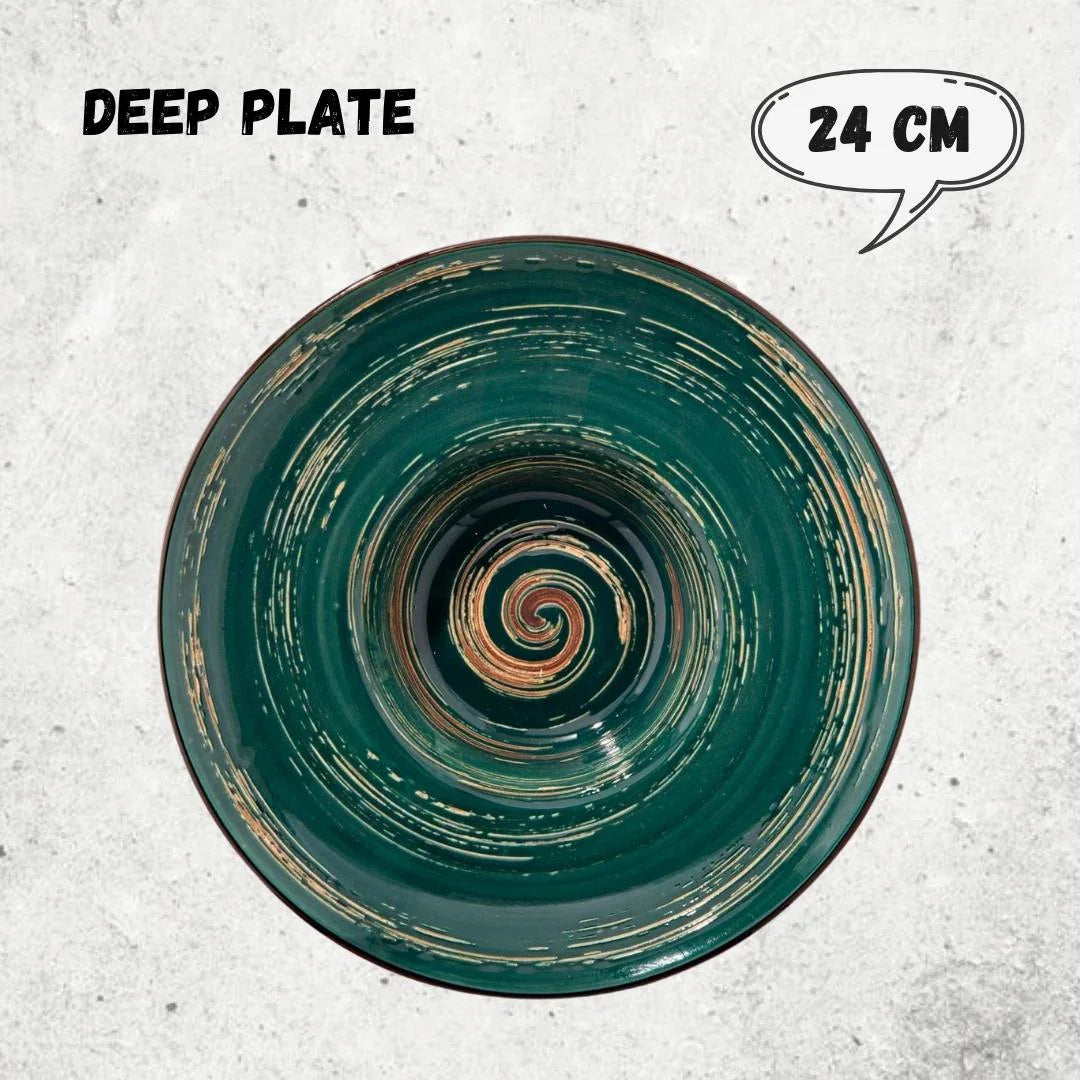 Artist-designed deep plate with green spiral pattern, 24 cm, Qu!rk Boutique tableware