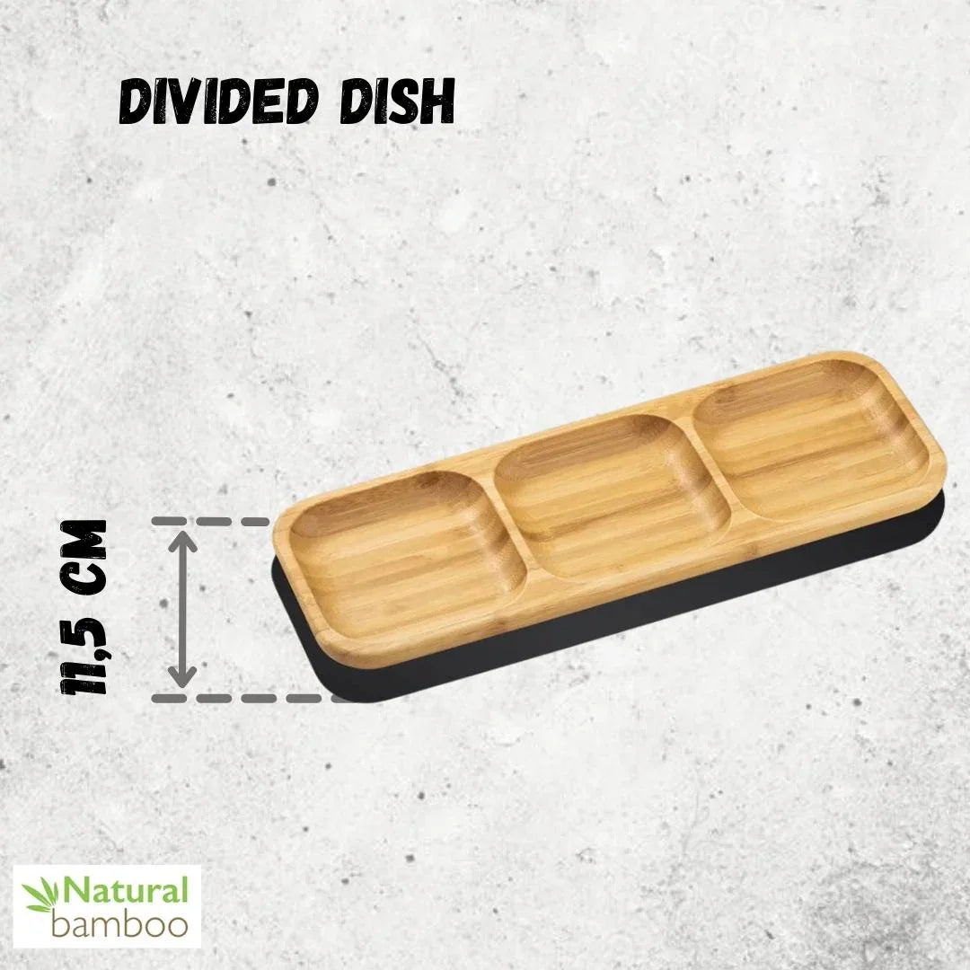 Natural bamboo divided dish with three sections, 11.5 cm wide, on textured background.