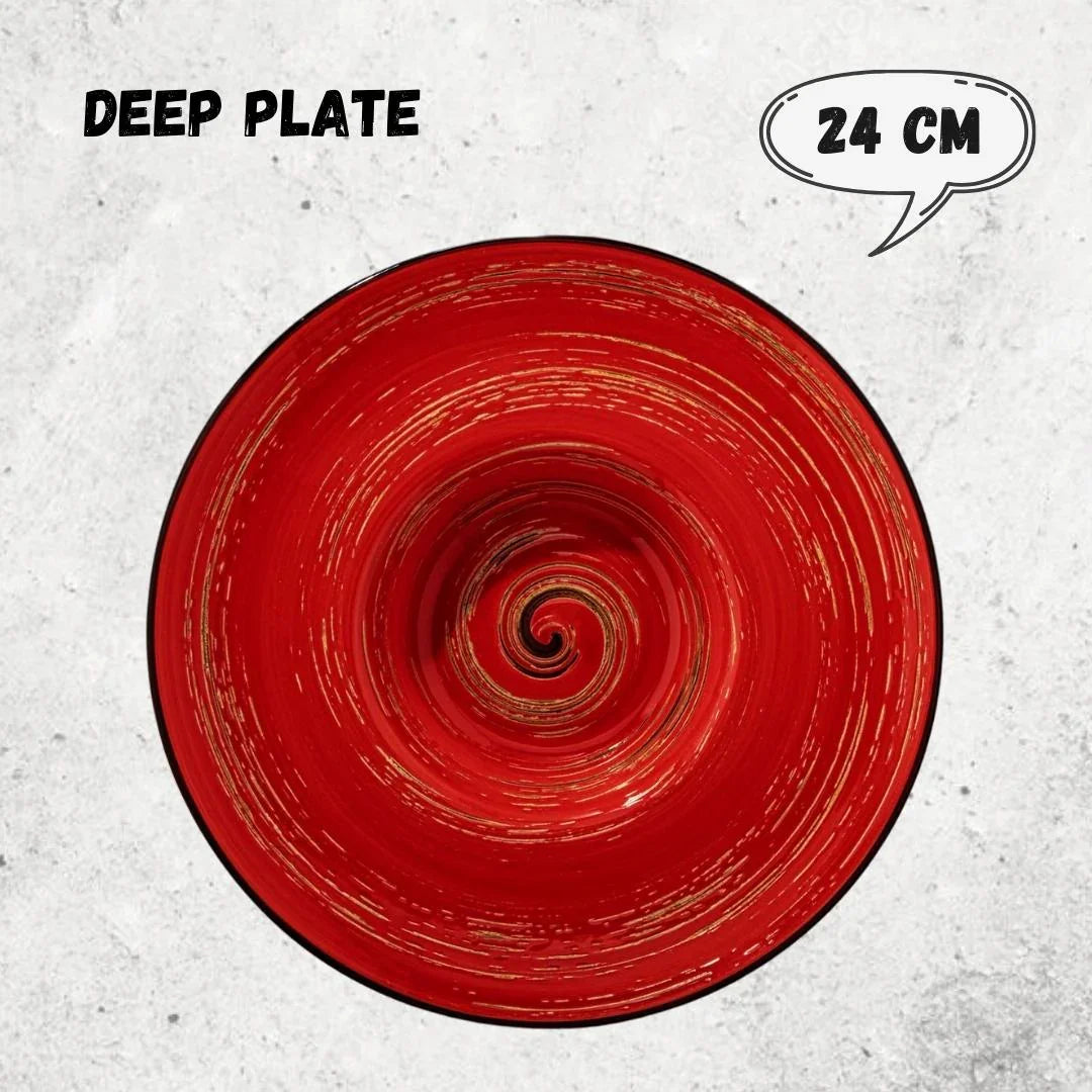 Artist-designed red deep plate with golden swirl pattern, 24 cm, on textured white background