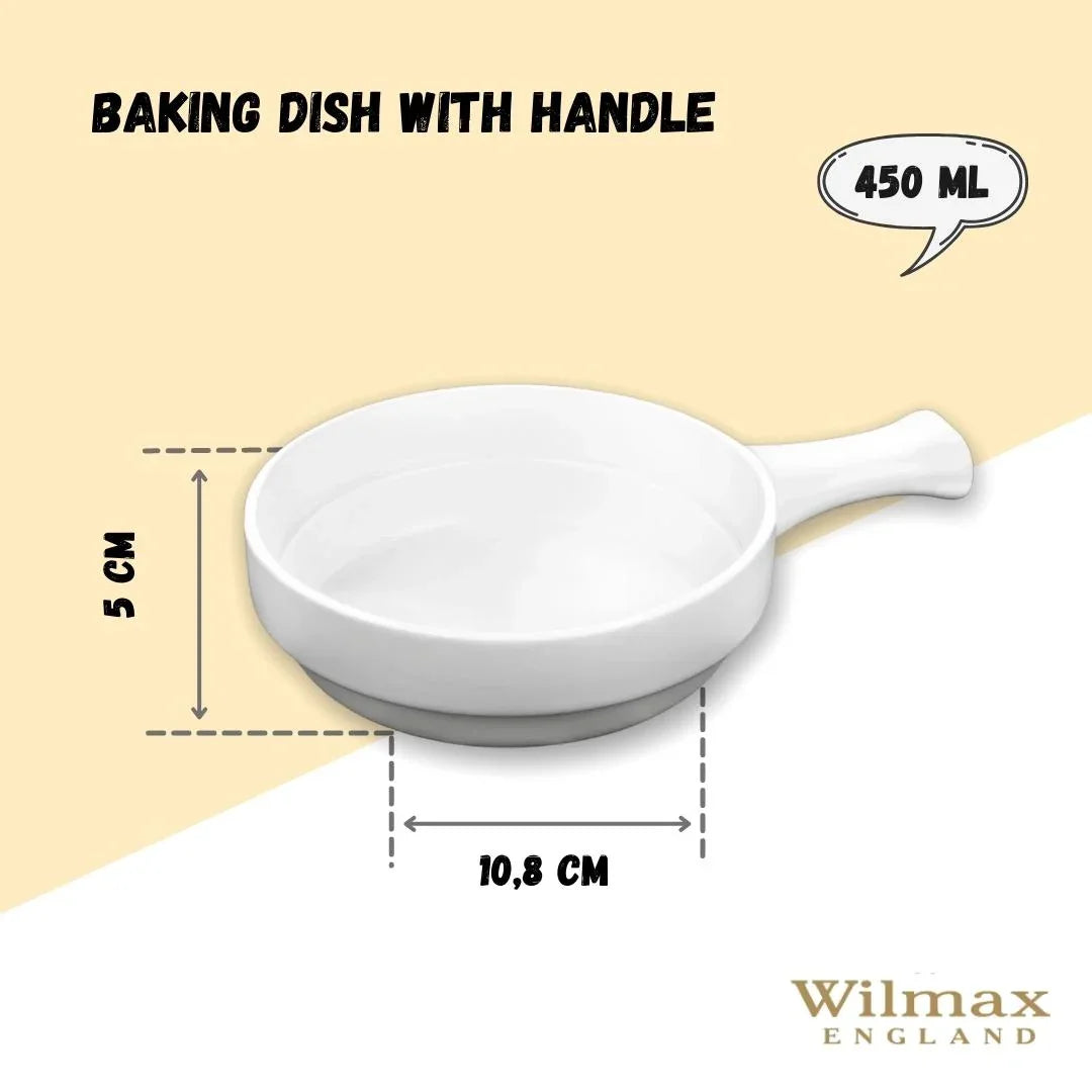 White baking dish with handle, 450ml capacity, 10.8cm diameter, 5cm height, Wilmax England