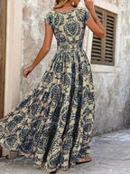 Full Size Printed V-Neck Tiered Maxi Dress Plus Size - Qu!rk Boutique
