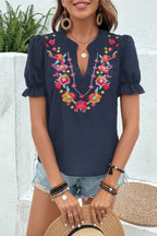 Floral Embroidered Puff Sleeve Blouse - Qu!rk Boutique