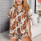 Baha Ranch Cow Hide Print Western Cowgirl Satin Pajama Set - Qu!rk Boutique