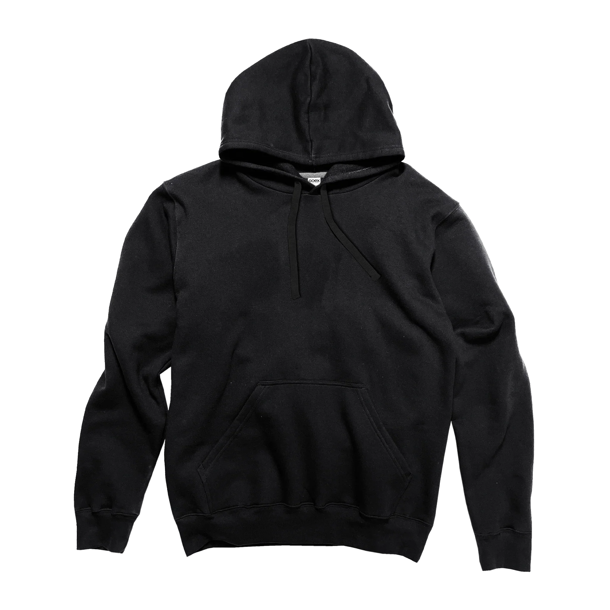 Black pullover hoodie with front pocket and drawstring, Qu!rk Boutique sustainable fashion