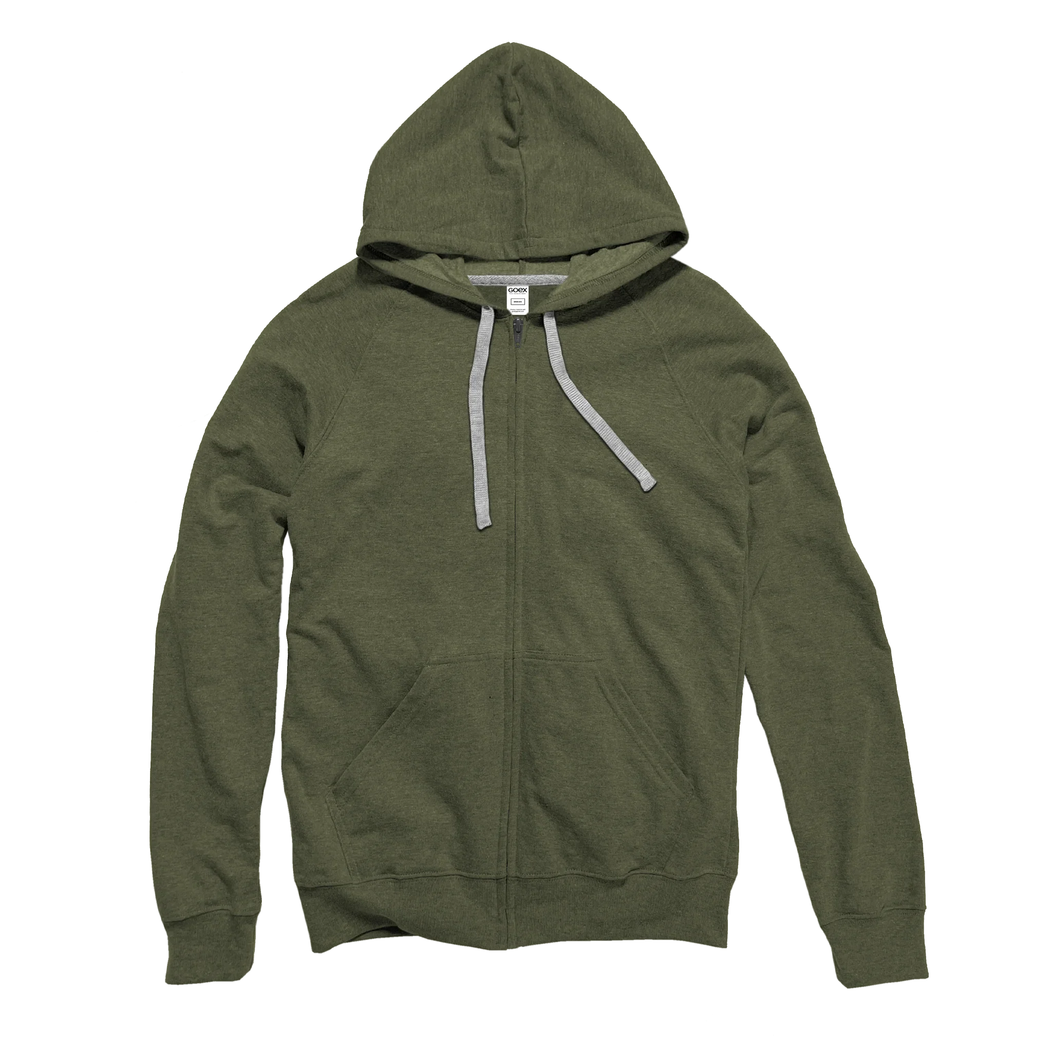 Olive green zip-up hoodie with front pockets and gray drawstrings from Qu!rk Boutique