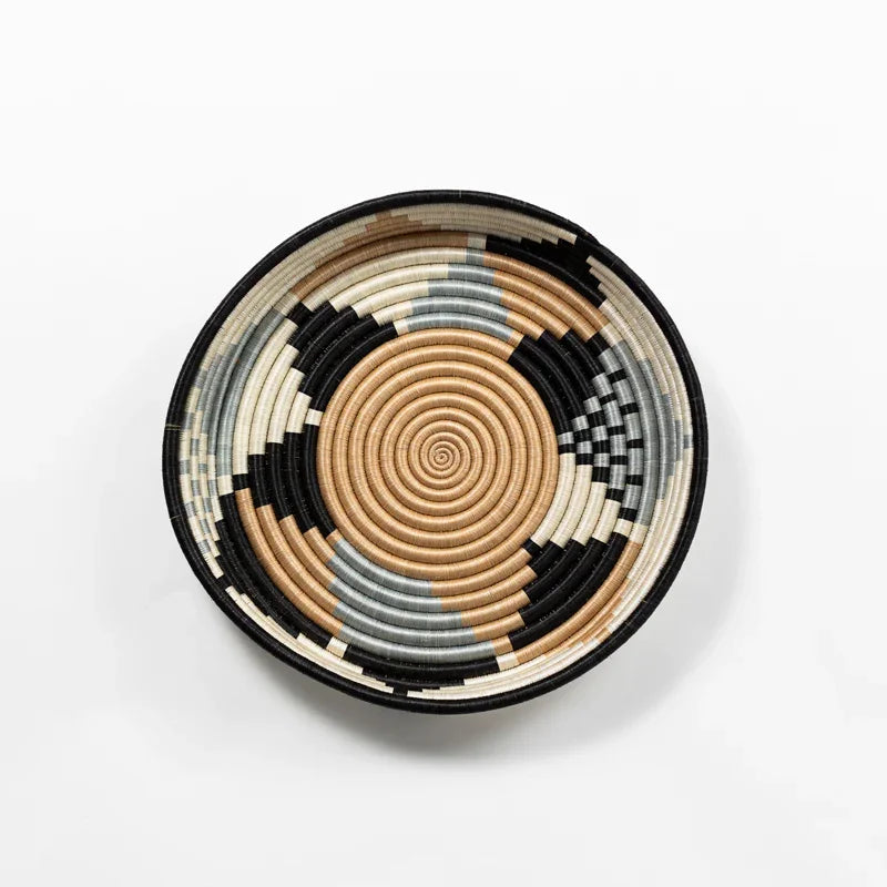 Large gray woven tray with geometric black, tan, and cream pattern on a white background