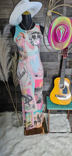 Baha Ranch Retro Pop Western Bodycon Side Slit Maxi Dress - Qu!rk Boutique