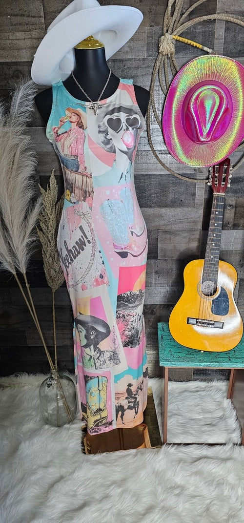 Baha Ranch Retro Pop Western Bodycon Side Slit Maxi Dress - Qu!rk Boutique