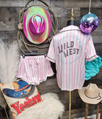 Baha Ranch Retro Pop Western Wild West Pink Pin Stripe Satin Pajamas - Qu!rk Boutique