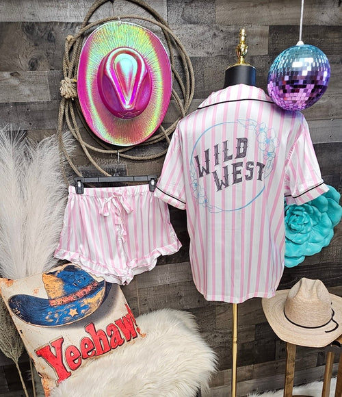 Baha Ranch Retro Pop Western Wild West Pink Pin Stripe Satin Pajamas - Qu!rk Boutique