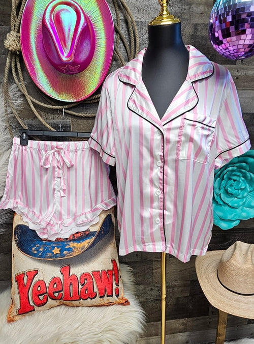 Baha Ranch Retro Pop Western Wild West Pink Pin Stripe Satin Pajamas - Qu!rk Boutique