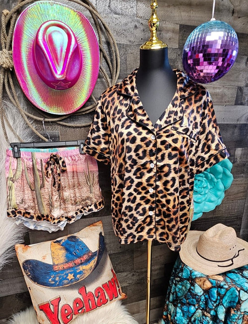 Baha Ranch Retro Pop Western Leopard Desert Cowgirl Satin Pajamas - Qu!rk Boutique