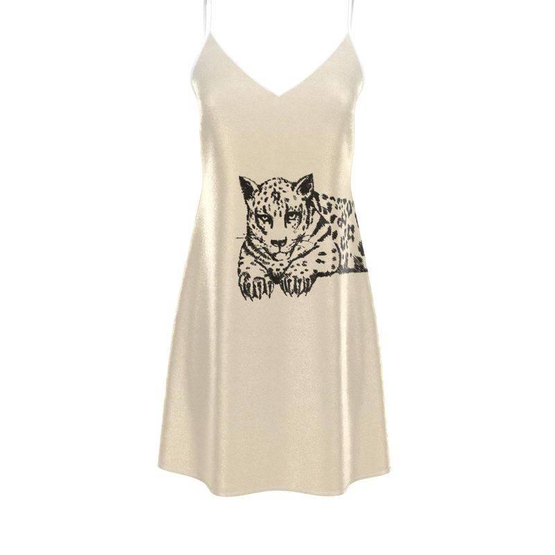 Beige satin slip dress with thin straps featuring a black leopard illustration on front