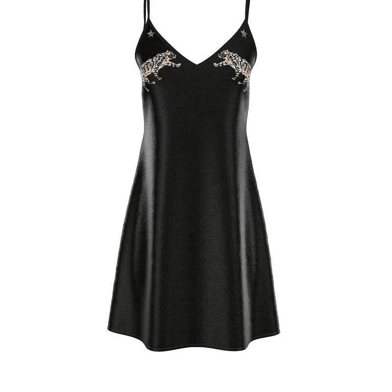 Black satin slip dress with leopard embroidery and thin shoulder straps