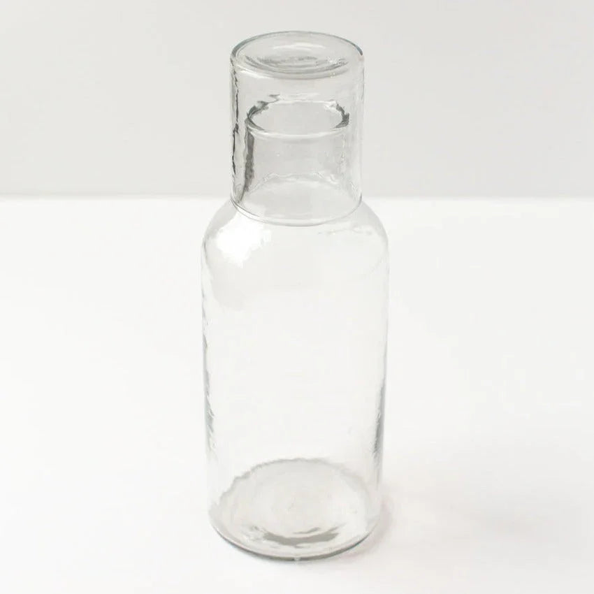 Recycled clear glass carafe with minimalist design on white background, Qu!rk Boutique eco gift.