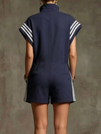 Striped Zip Front Short Sleeve Romper - Qu!rk Boutique