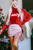 Double Take Full Size Merry Christmas Turtleneck Long Sleeve Sweater - Qu!rk Boutique