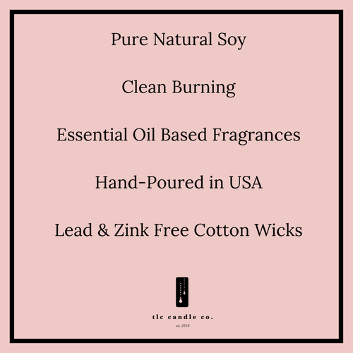 Pure soy candle features—clean burning, essential oil fragrance, hand-poured, lead-free wicks.