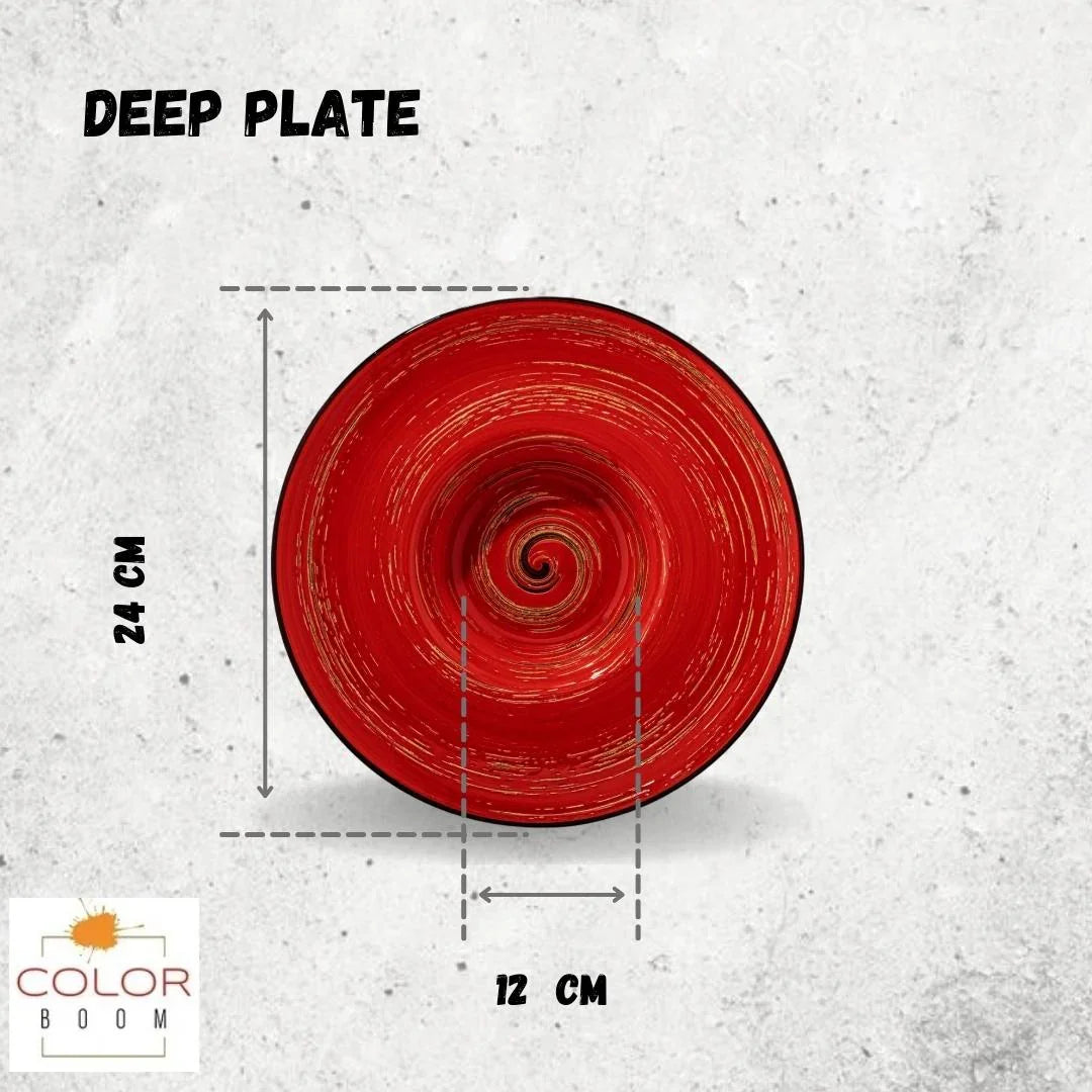 Red artist-designed deep plate with spiral pattern, 24 cm diameter, showcased on white background.