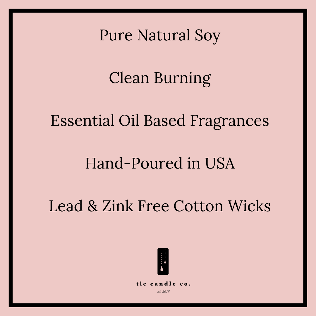 Pure natural soy hand-poured candle features clean burning, essential oil fragrance, USA-made, lead-free wicks.