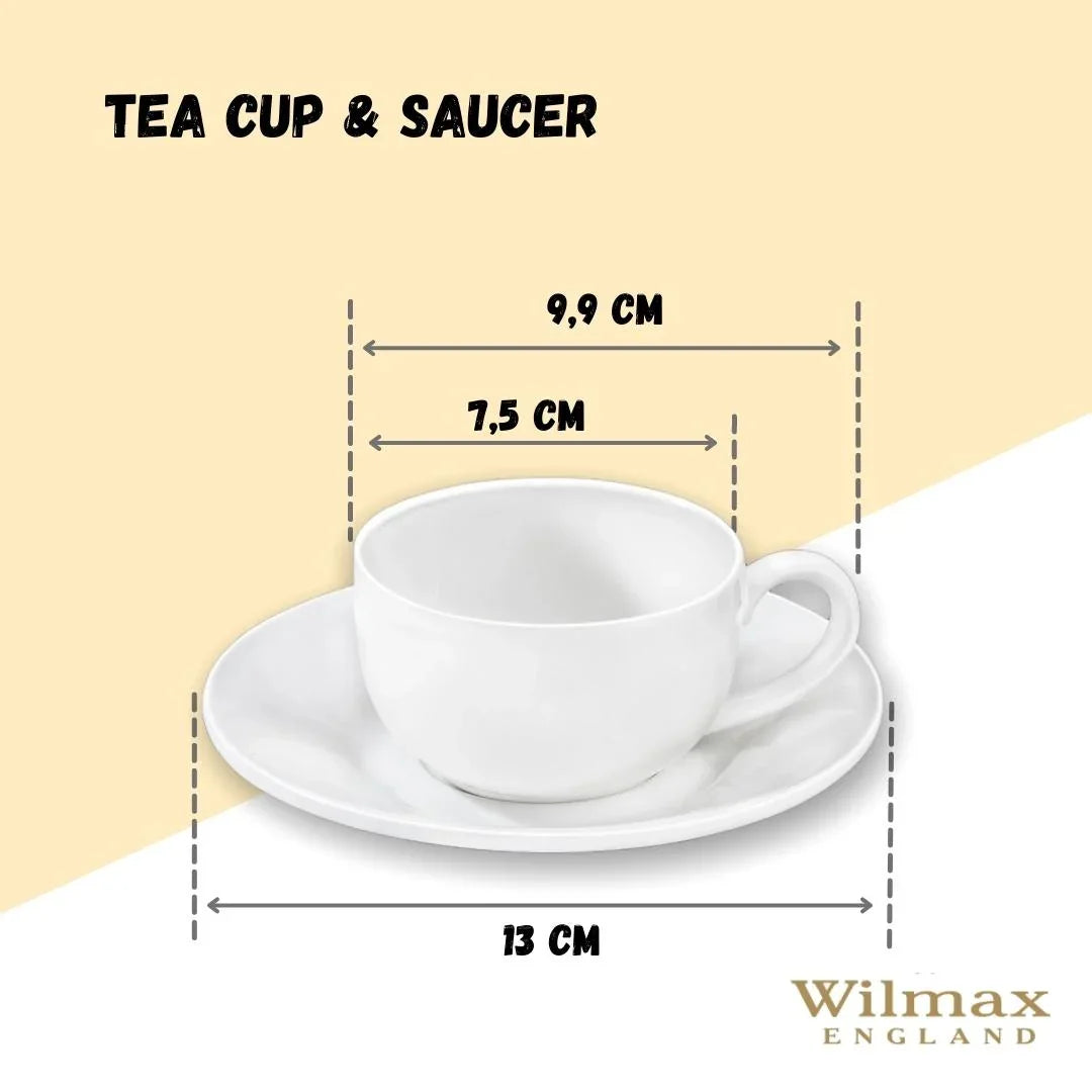 White Wilmax England tea cup and saucer with dimensions in centimeters on a cream background.