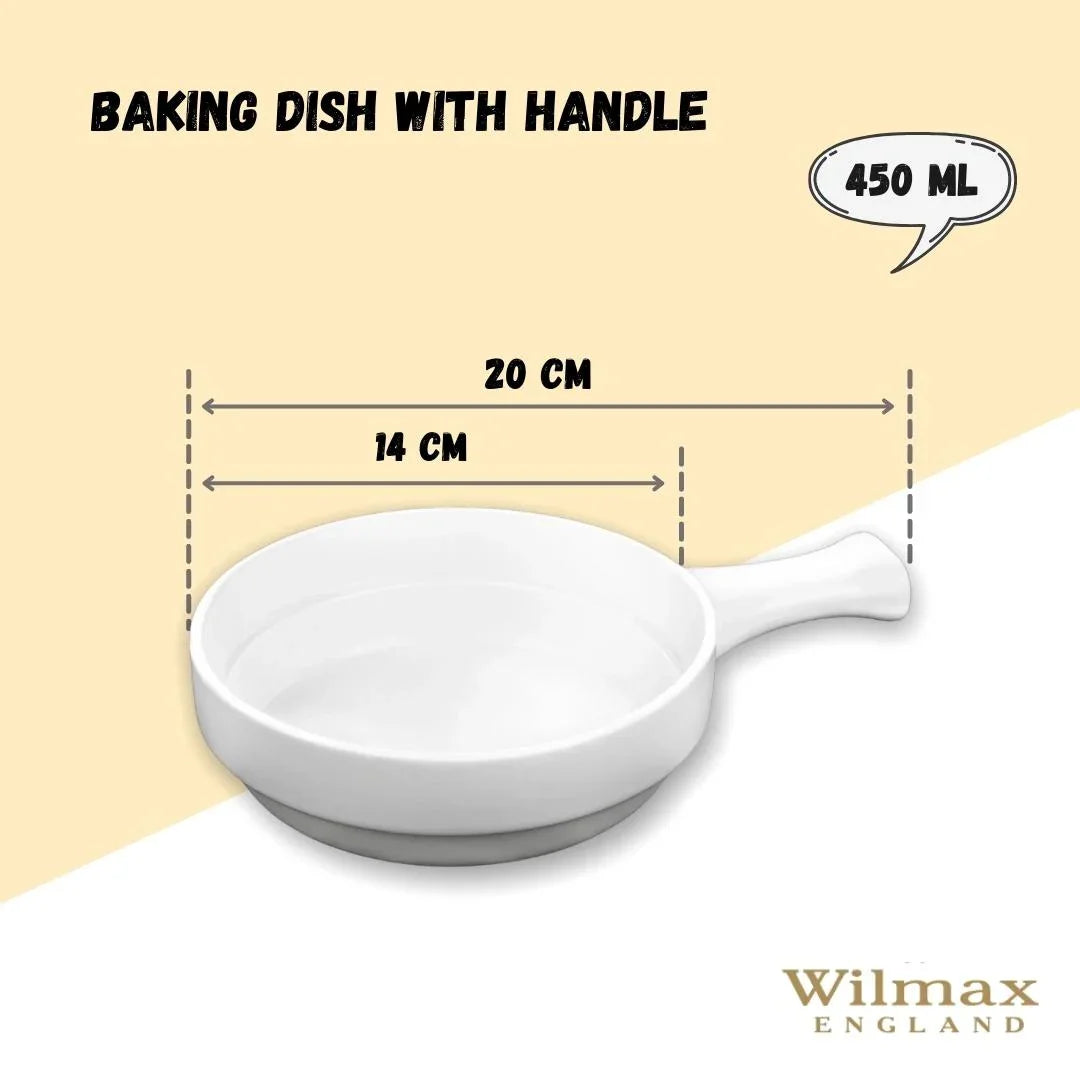 White ceramic baking dish with handle, 450ml, 20cm length, 14cm diameter, Wilmax England