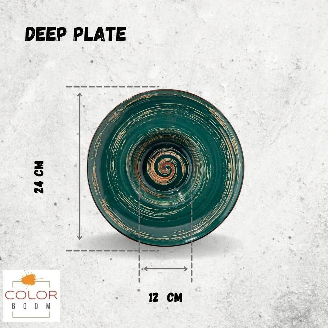 Deep plate with green and gold spiral design, 24 cm wide, featured by Color Boom.