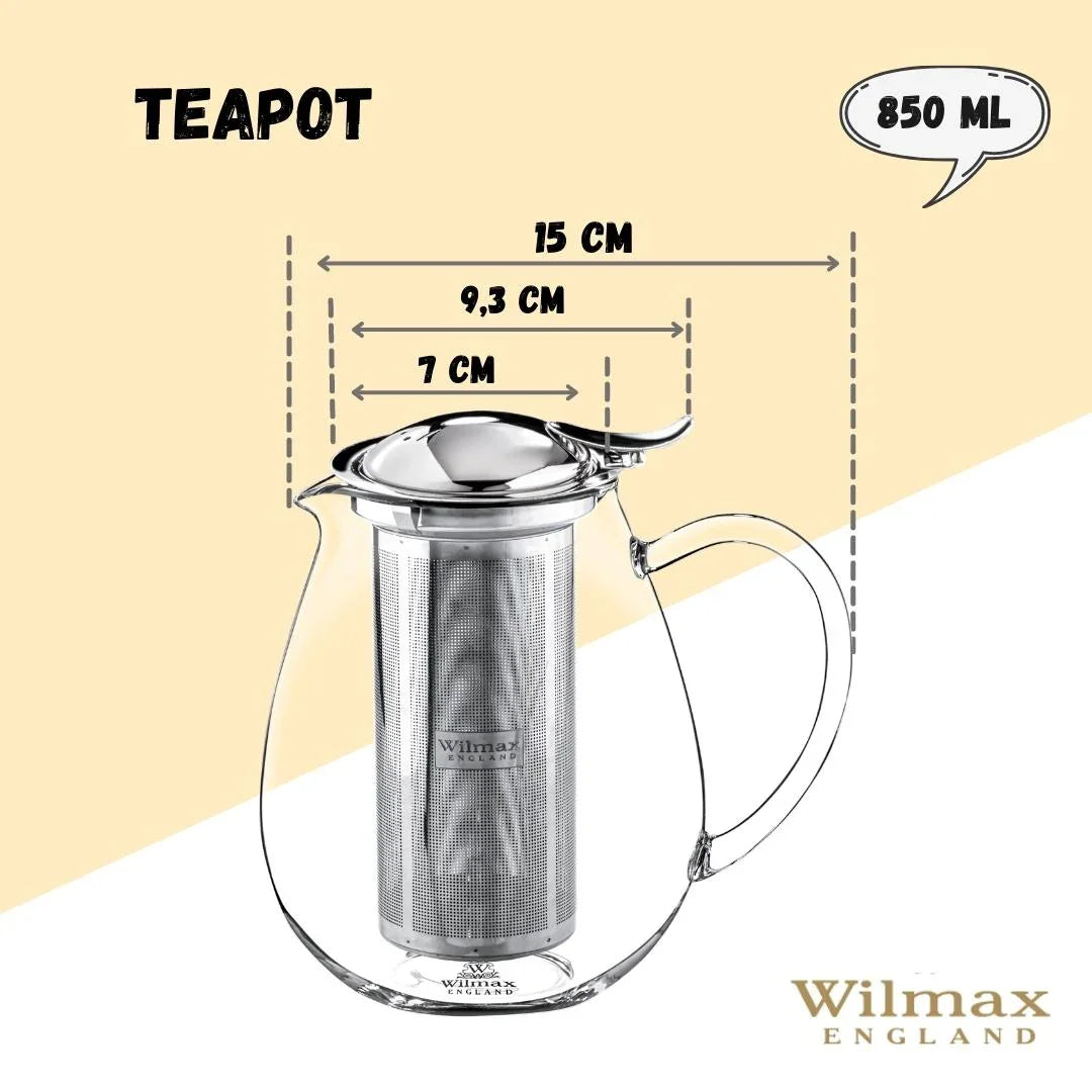 Glass teapot with metal infuser, 850 ml capacity, Wilmax England branding, product dimensions marked