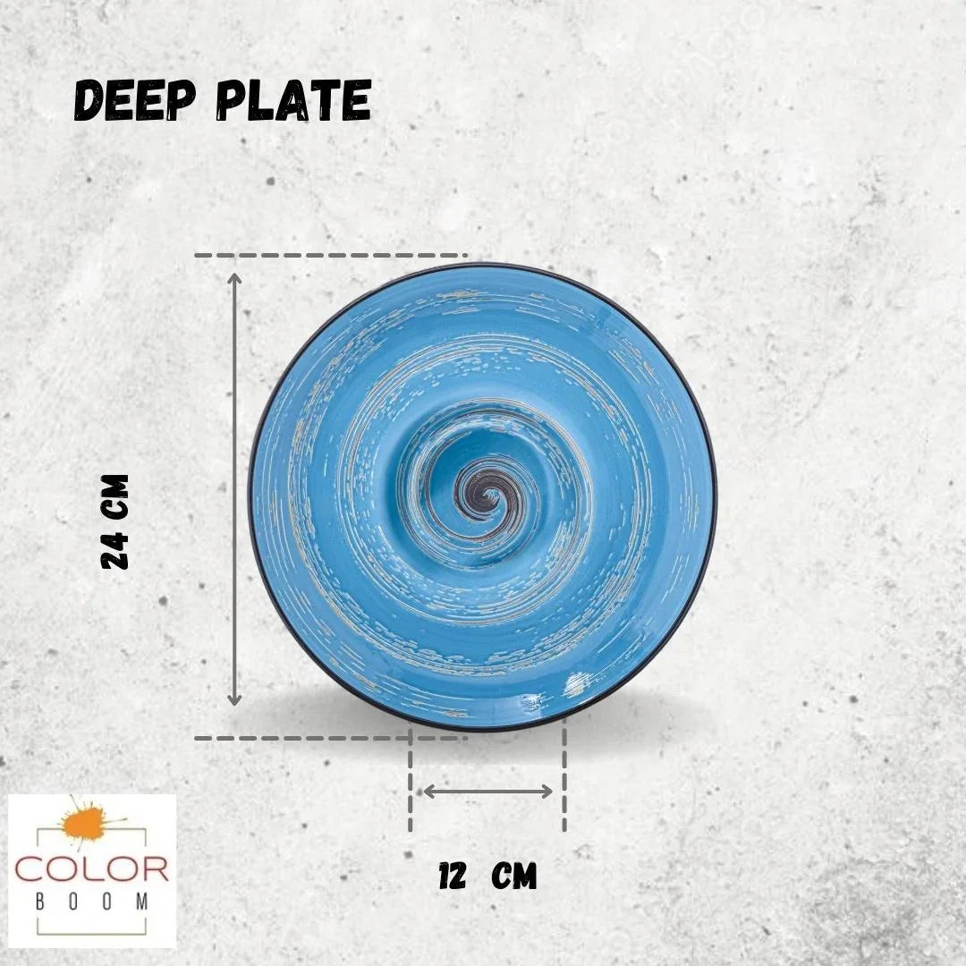 Blue deep plate with spiral design, 24cm diameter, 12cm center, cosmic home decor gift