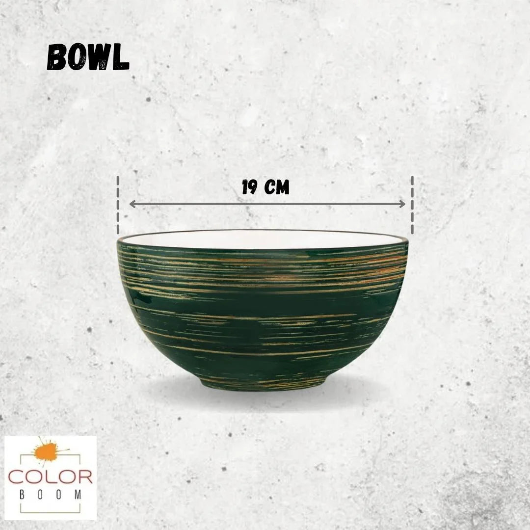 Green handmade bowl with gold accents, 19 cm wide, from Qu!rk Boutique's Color Boom collection.
