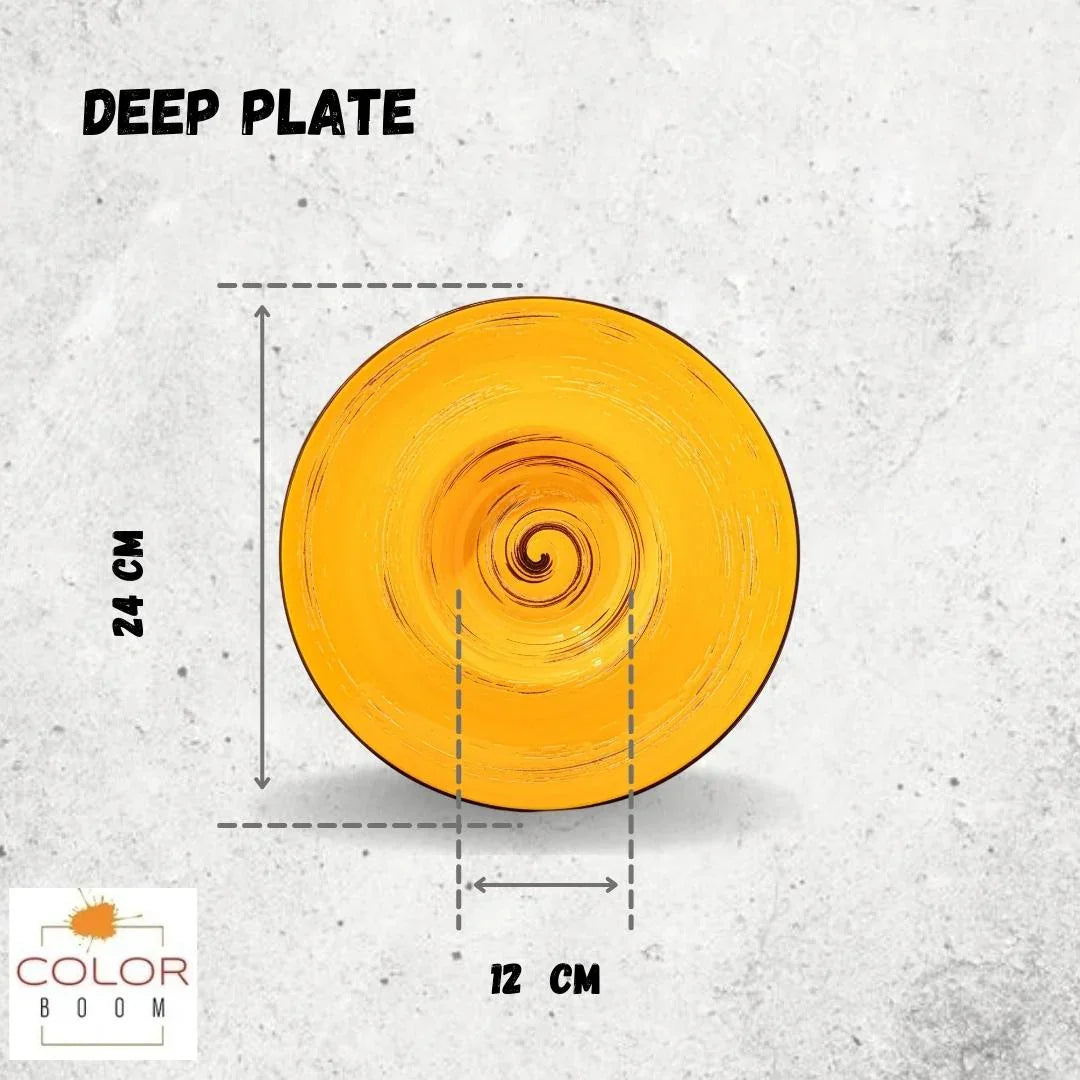 Yellow artist-designed deep plate with spiral pattern, 24 cm wide, from Qu!rk Boutique