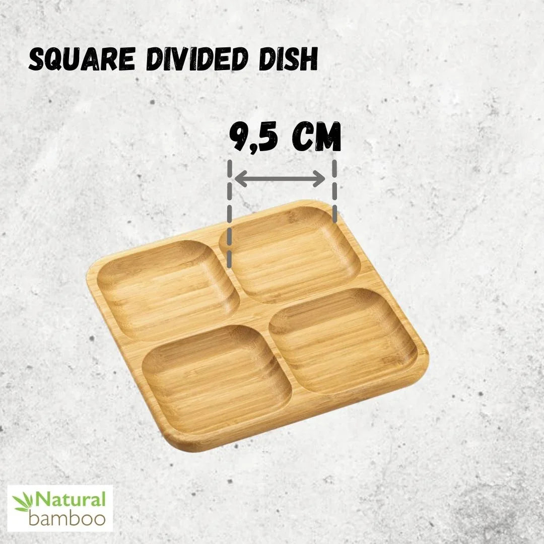 Natural bamboo square divided dish, 9.5 cm, eco-friendly serveware at Qu!rk Boutique