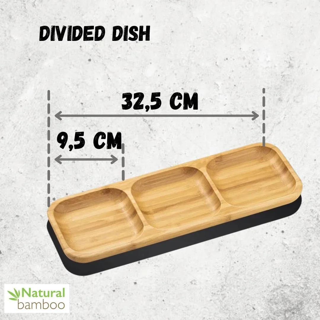 Natural bamboo divided dish with three sections, 32.5 x 9.5 cm, sustainable tableware at Qu!rk Boutique.
