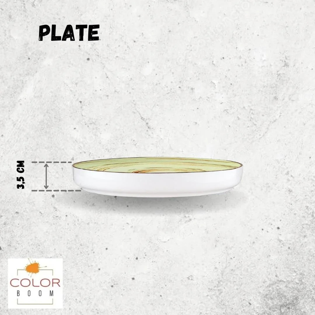 Side view of a Color Boom artist-designed plate with a green top, 3.5 cm height, on textured background.