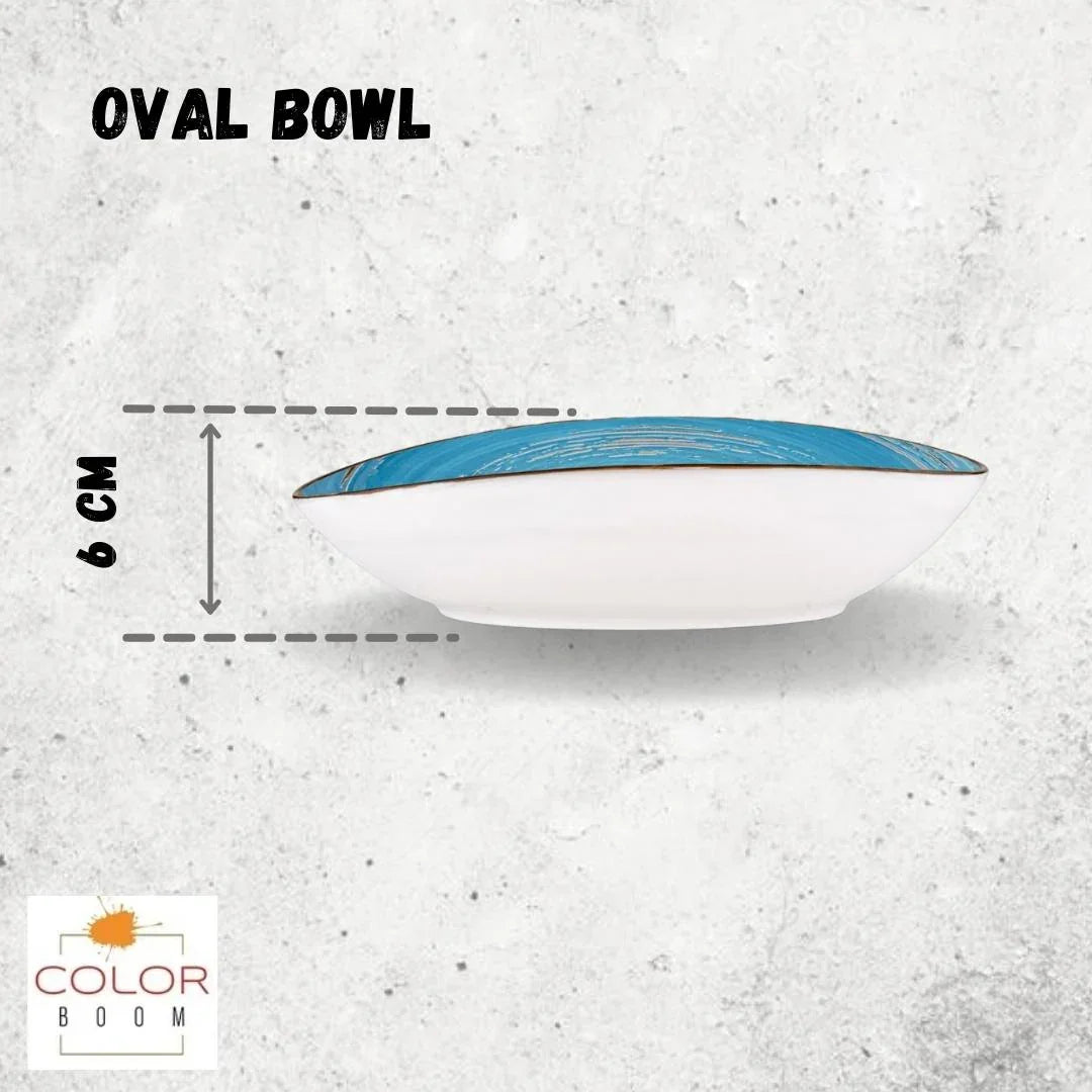 Side view of an oval bowl with blue rim, labeled 6 cm height, on a textured background