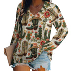 Baha Ranch Western Cactus Print Long Sleeve Top - Qu!rk Boutique