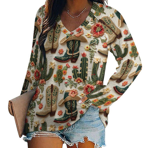 Baha Ranch Western Cactus Print Long Sleeve Top - Qu!rk Boutique